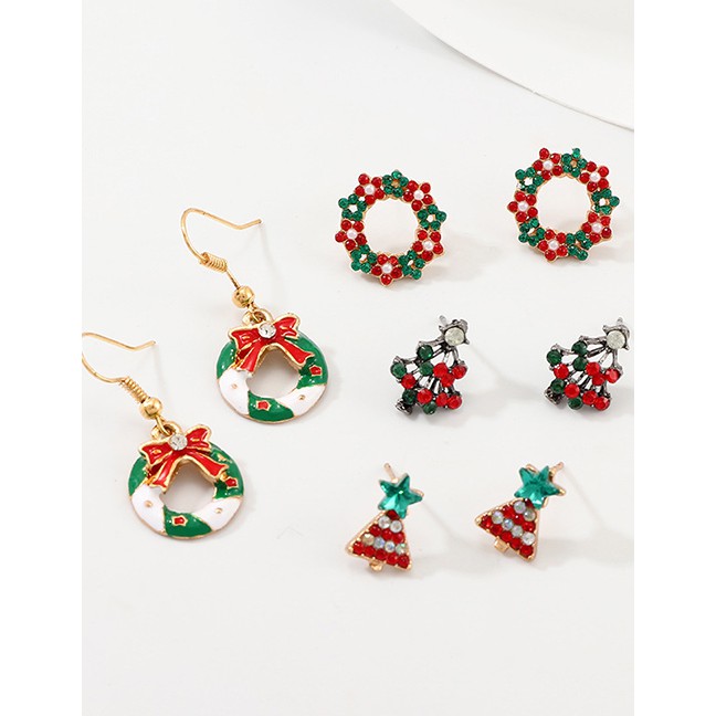 LRC Anting Tusuk Set Fashion Gold Cartoon Snowflakes Bell Christmas Tree Earrings D22057