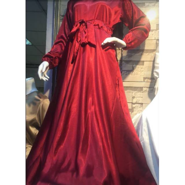 Gamis satin manggo umbrella polos pinggang serut tali, lengan karet