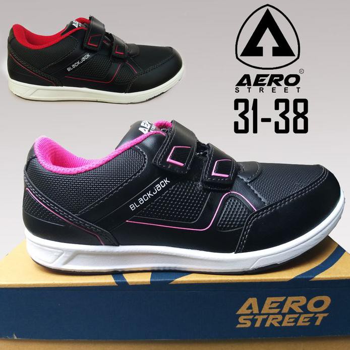 Sepatu Sekolah Anak Perempuan Hitam Pink Velcro Blackjack Aero Sd - Merah, 31