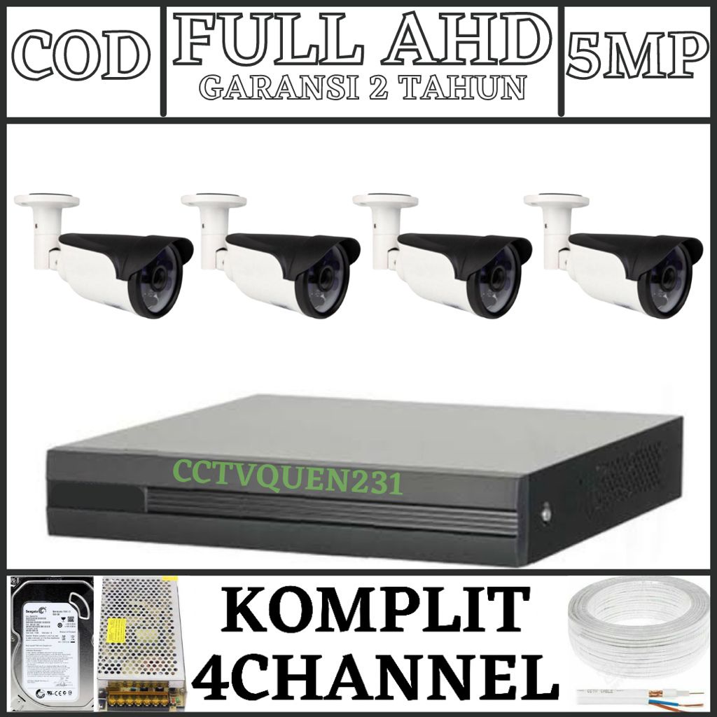 PAKET CCTV 4 CHANNEL 4 KAMERA FULL AHD 5MP IR SONY 1080P HDD-500GB KOMPLIT TINGGAL PASANG