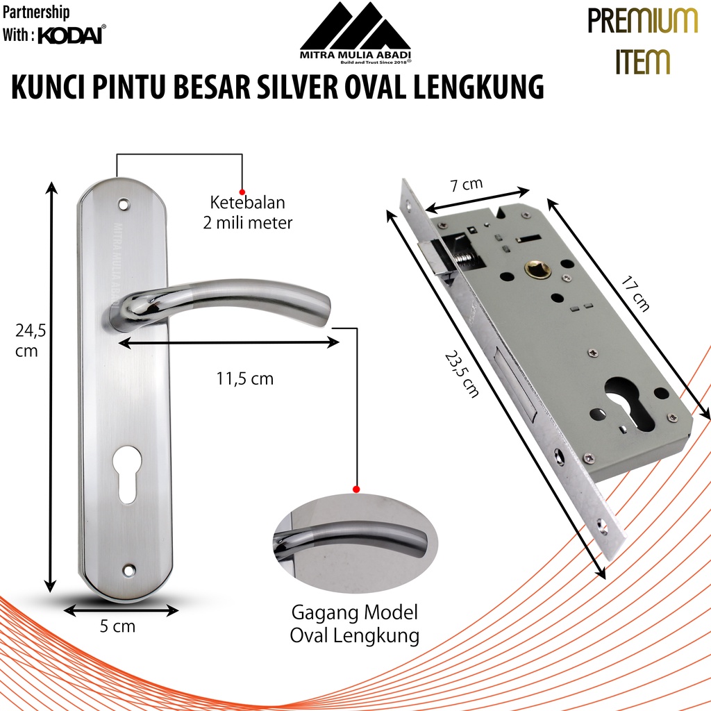 Kunci Pintu Besar Silver Ultima by KODAI | Oval Lengkung | Full Set