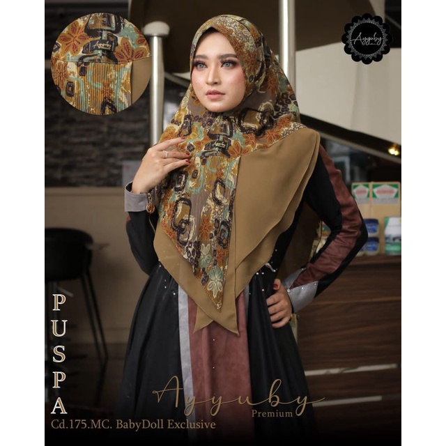 HIJAB KHIMAR PUSPA MOTIF ABSTRAK MIX PLISKET BAHAN CERUTY BABYDOLL ORI AYYUBY