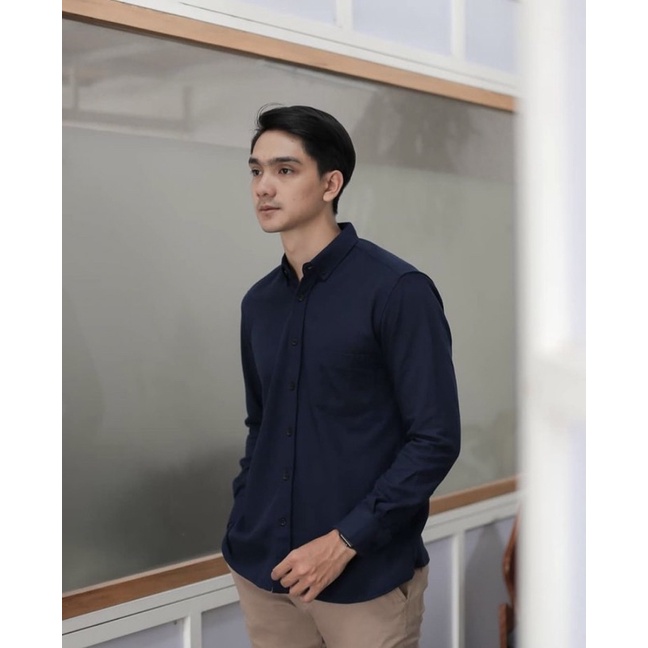 Kemeja Pria Cowok Polos Tangan Lengan Panjang Slimfit Casual Kantoran Murah Sale Premium Navy