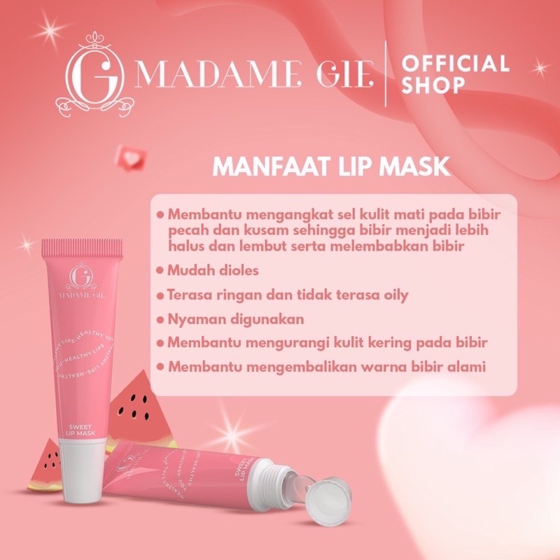 MADAME GIE Sweet Lip Mask Indonesia / Masker Bibir Pelembab Primer BB Foundation Loose Powder Lipstick Eyeshadow Blush On Eyeliner Eyebrow Mascara Lipstick Lip Matte Gloss Balm Kutek / Facial Wash Toner Essence Serum Sunscreen Cream Body Lotion Lipill Oil