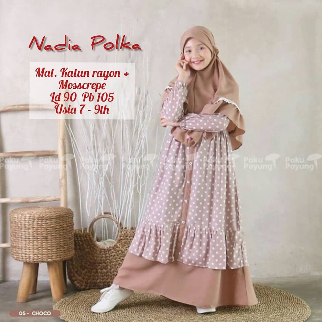 gamis NADIA POLKA SYARI KIDS 7 9 TAHUN Bahan KATUN RAYON MIX MOSSCRAPE Dress Anak Z3L0 tanggung yg b