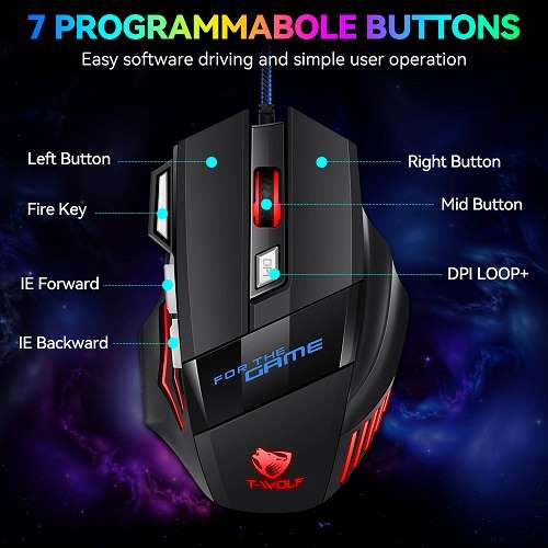 SKU-1274 MOUSE GAMING 7 BUTTONS T-WOLF M1 FOR GAME LED RGB TWOLF