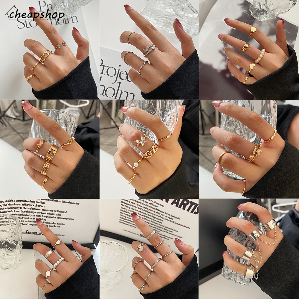 IFYOU 2021 New Fashion Butterfly Ring Set Ladies Crystal Pearl Finger Ring Women Jewelry Accessories