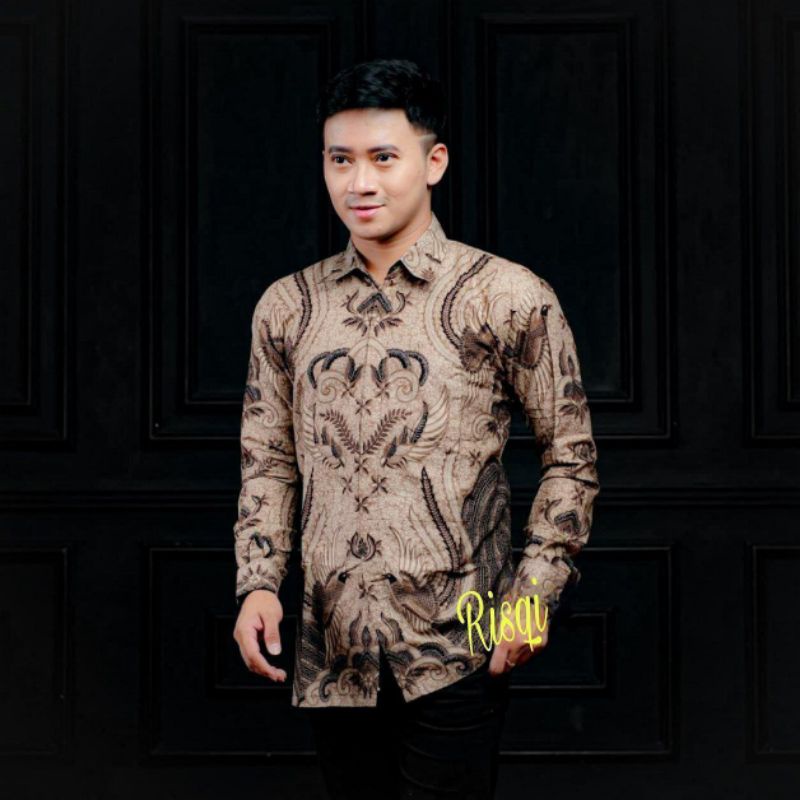 Batik pria kemeja batik lengan panjang m l xl xxl terlaris-Ironman coklat