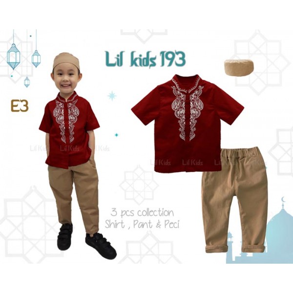 IMPORT LK193 E3 Baju Koko Muslim India Anak Merah Marun Lengan Pendek Kopiah Peci Pakistan Punjabi