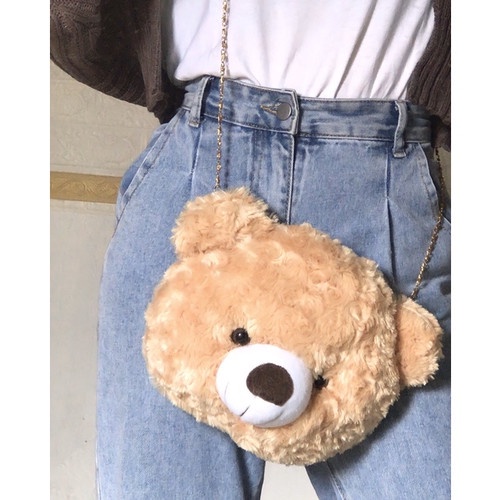 TAS SELEMPANG BAHU BONEKA BULU TEDDY BEAR LUCU TALI RANTAI KEKINIAN IMUT CANTIK ELEGAN MEWAH COKLAT 