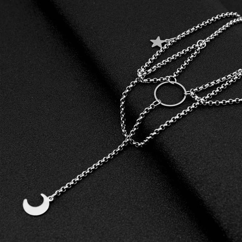 Kalung Choker Desain Bulan Bintang Lingkaran Warna Silver Gaya Gothic Punk Rock Untuk Wanita