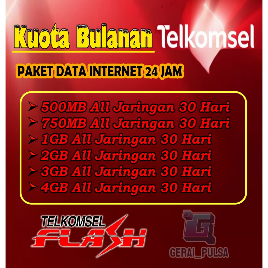 Telkomsel Flash Kuota Internet Bulanan 30Hari Paket Data Mini Simpati Loop As 500MB 1GB 2GB 3GB 4GB