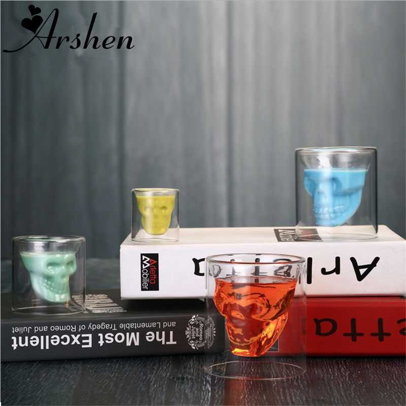 Gelas Mug Cangkir Wine Whiskey Double Wall Glass Scull Tengkotak 150ml