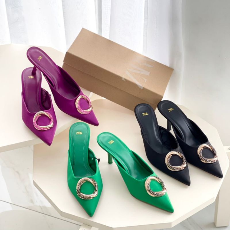 PROMO SALE Zara Shoes Heels 7 cm black green purple sepatu sandal pesta hitam hijau ungu
