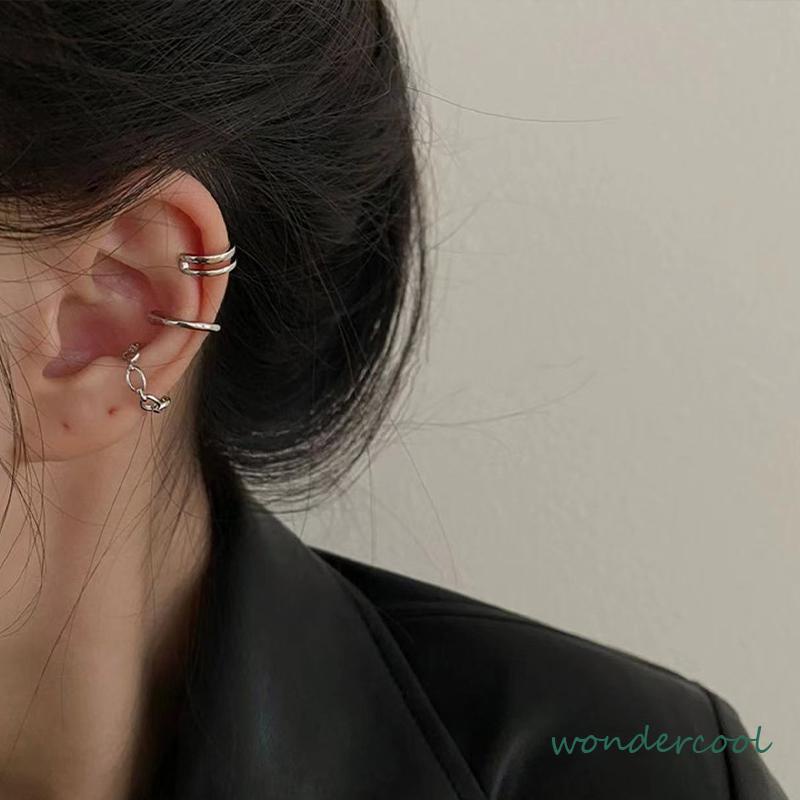 Anting Kombinasi Set Klip Telinga Tanpa Lubang Telinga Wanita Niche High-end Bahasa Perancis Retro Telinga Tulang Klip-Won