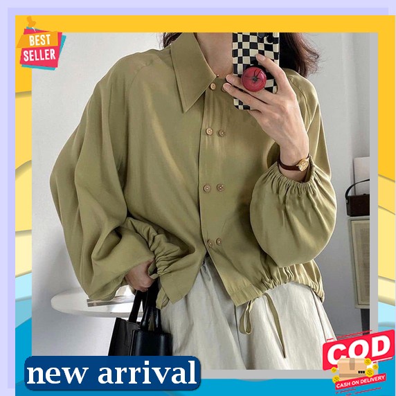 Neeuma Flay Kemaja Blouse Wanita Kerah Warna Motif Retro Lengan Panjang V-Neck Korean Style Import K