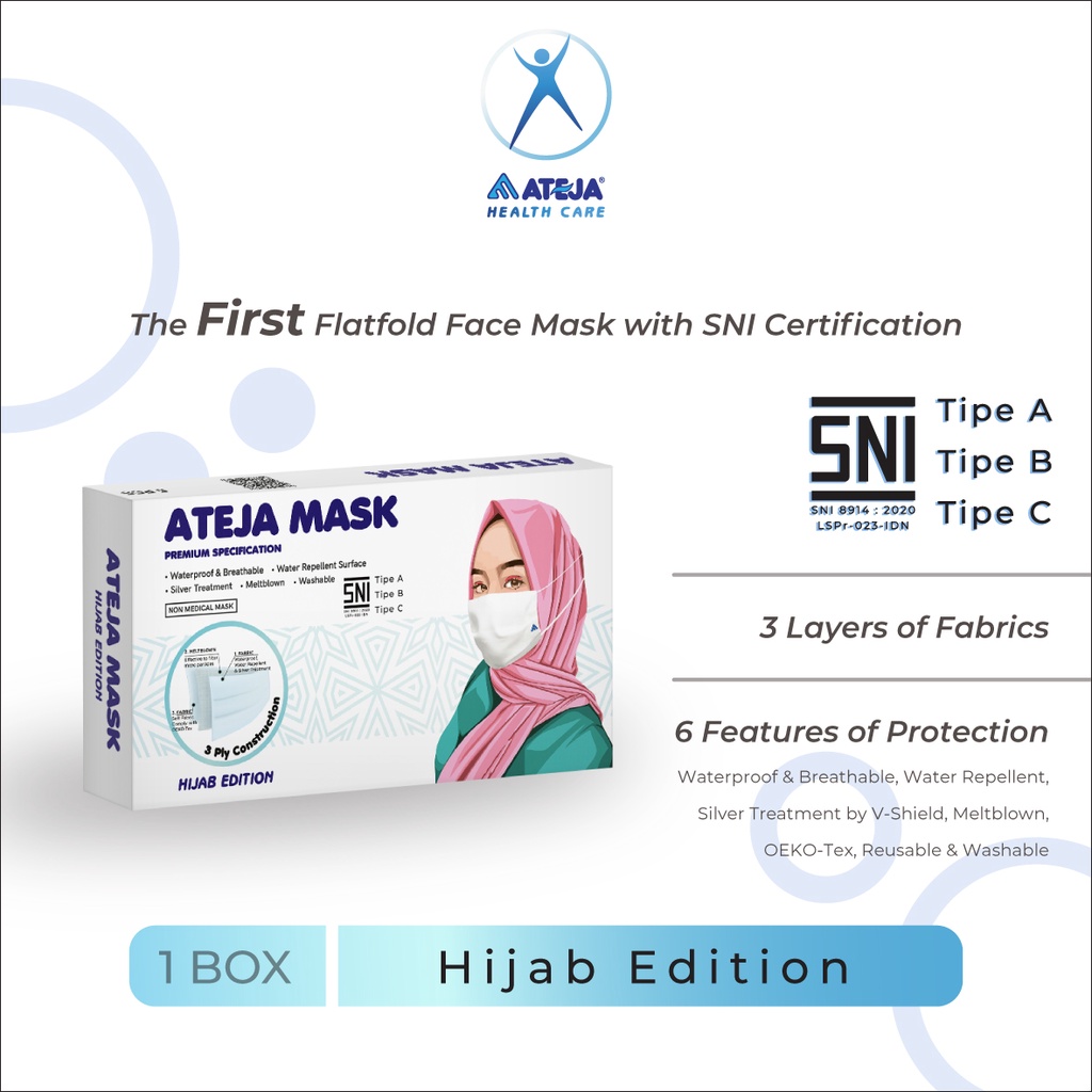 Masker Kain Hijab 3 Lapis SNI - Ateja Mask Hijab Colors (1 box isi 5