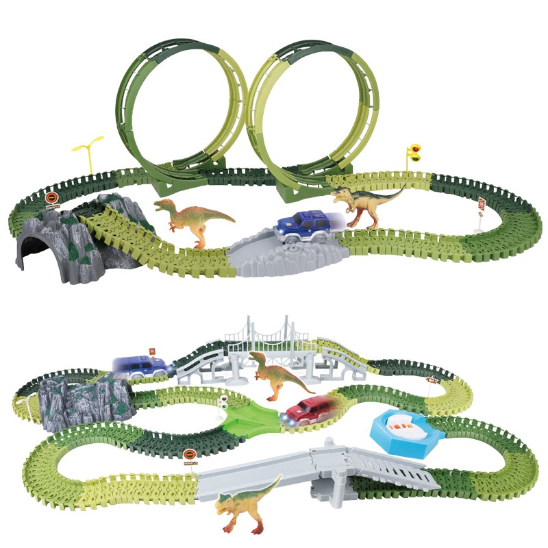 Children DIY Dinosaur Assembled Tracks Toy Race Car Flexible Track Electric Car Playset for Kid Gift