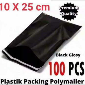 Plastik Packing Polymailer Lem Black Glossy 10x25cm Isi 100pc