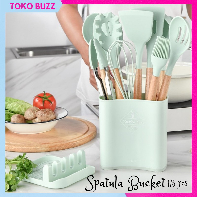 PREMIUM Utensil Bucket Silicone Set / Spatula Sutil Silikon Set 13Pcs Full ORIGINAL KITCHEN SET