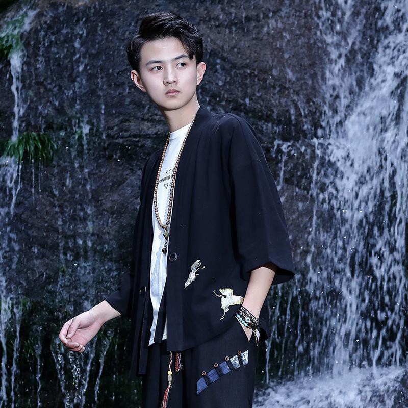 Jaket Angin Cina Pria Musim Semi dan panas cardigan lengan tiga perempat linen katun bordir tipis H