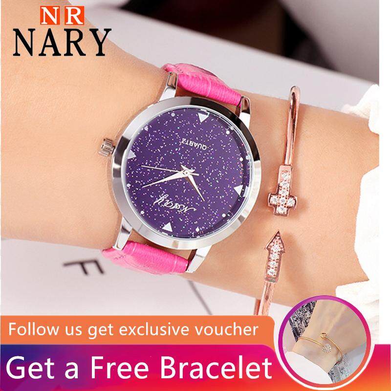 [Mendapatkan Gratis Gelang] Nary Fashion Wanita Tali Kulit Jam Tangan Kuarsa Tahan Air Langit Berbin