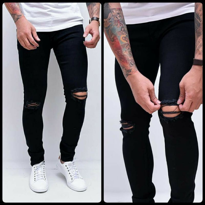 CELANA PANJANG SEMI SOFTJEANS PRIA SKINNY HITAM SOBEK LUTUT RIPPED JEANS STREET