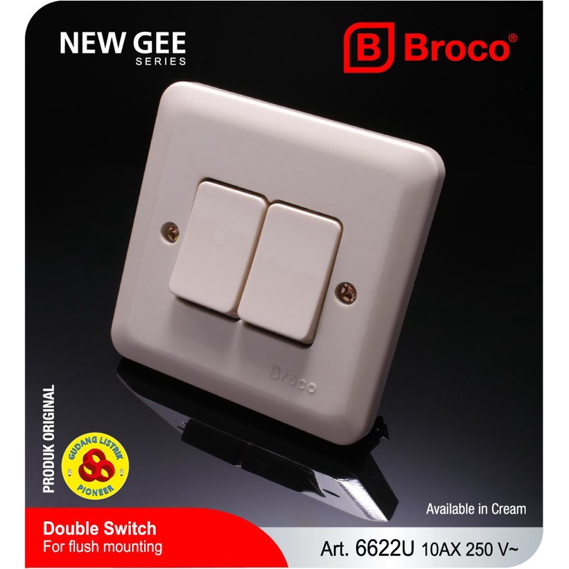 Broco Saklar Seri 2 Gang 1 Way New Gee Cream Sakelar Double