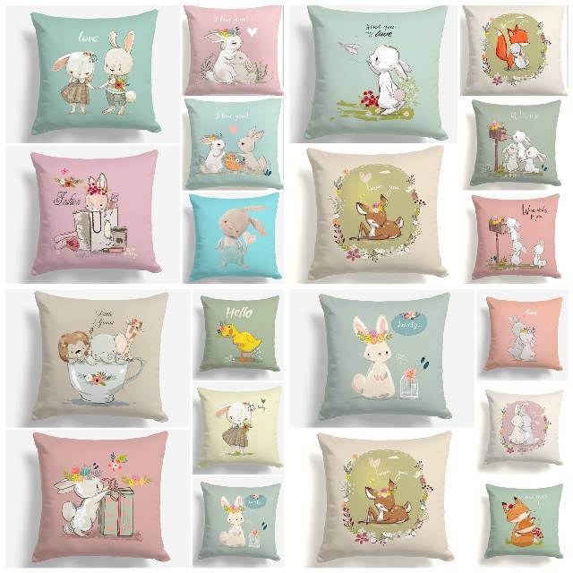 BANTAL SOFA PRINT MOTIF PASTEL KARAKTER BUNNY FOX DEER DUCK 40X40 CM