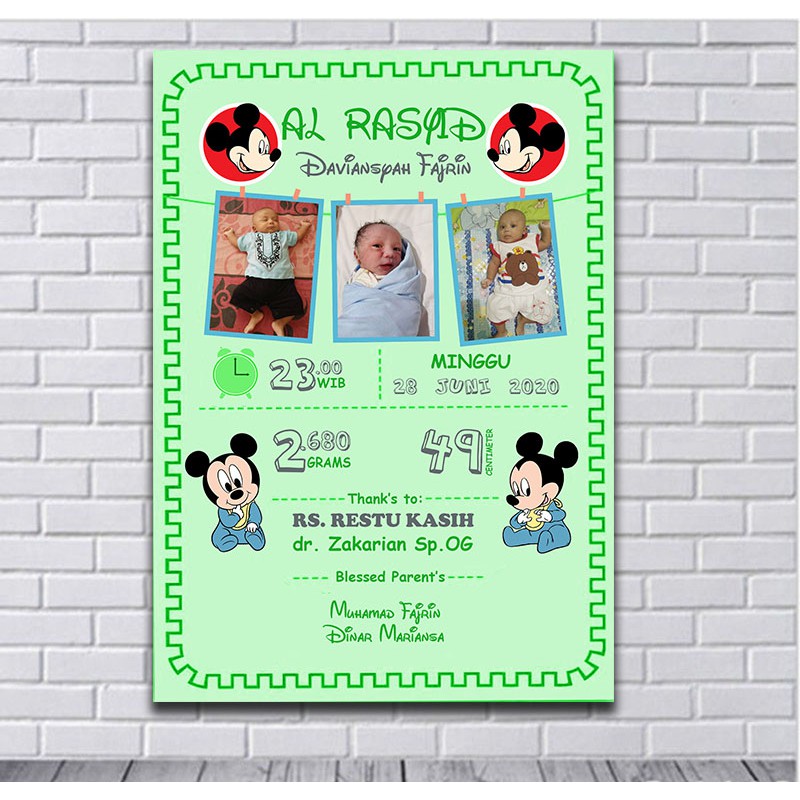 

Hiasan dinding biodata anak mickey hijau,kado kelahiran kado lucu kado unik