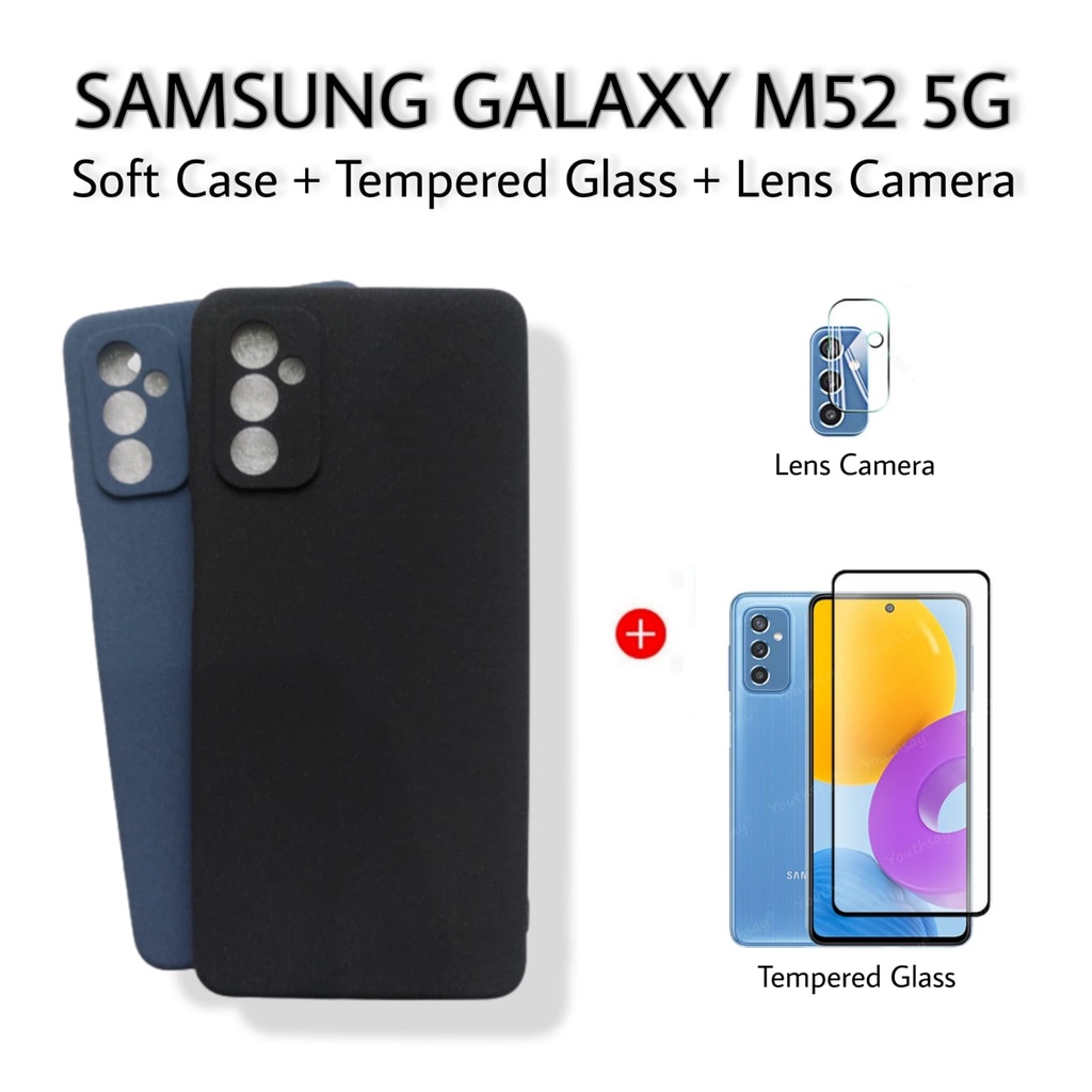PROMO 3in1 Case SAMSUNG GALAXY M52 5G Soft Case Matte Sanstone Anti Fingerprint FREE Tempered Glass Layar Dan Lens Camera Back Handphone