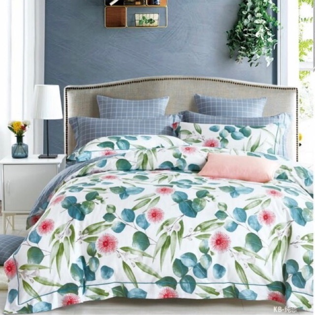 Sprei / Bedsheet Katun Jepang Motif Bunga Pink Hijau + Kotak Abu