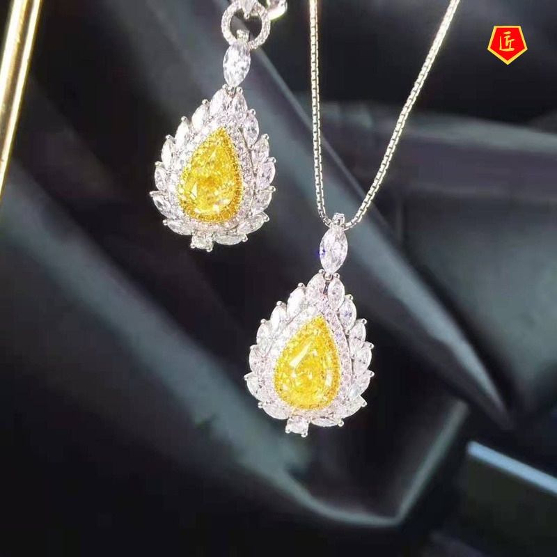 [Ready Stock]New Luxury Yellow Diamond Pendant Earrings Open Ring Set