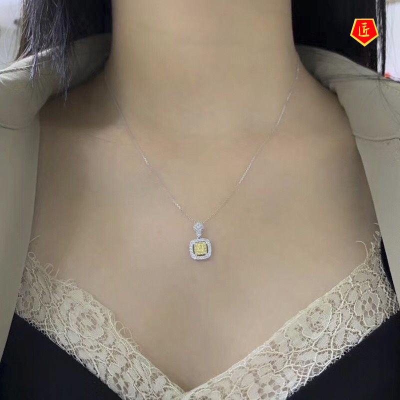 [Ready Stock]Square Pillow-Shaped Yellow Diamond Necklace European and American Luxury Fashion Temperament