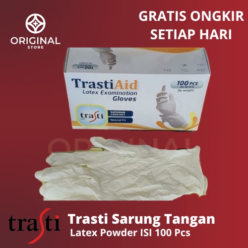 Sarung Tangan Medis Karet Latex Trasti Aid Powder Glove Examination Handscoon Surgical 100PCS