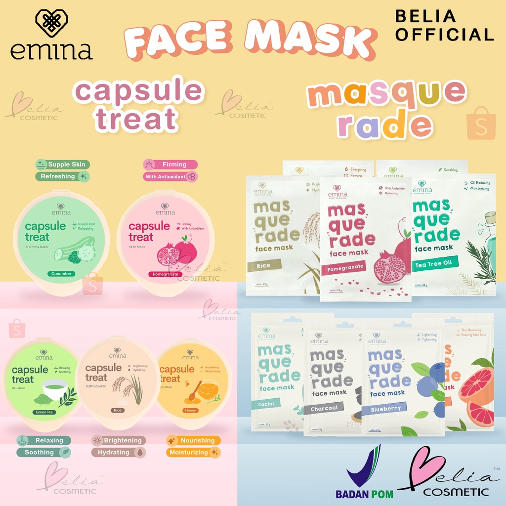 ❤ BELIA ❤ EMINA Masquerade Face Sheet Mask 23g &amp; Capsule Treat Mask | Masker Capsul | Masker lembaran wajah sunflower rice teatree aloe