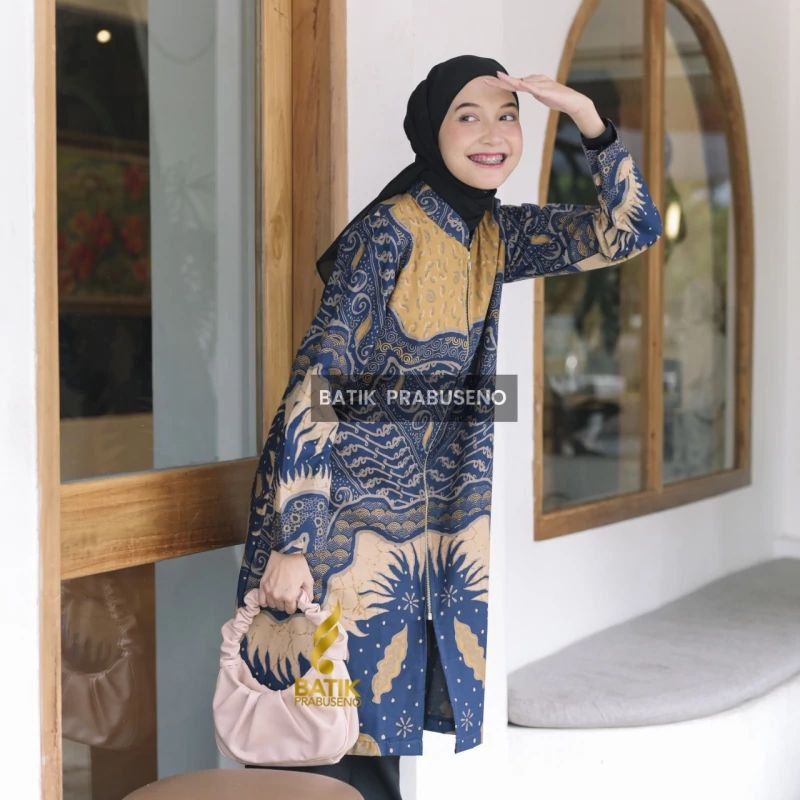 Batik Prabuseno Motif Kalingga Biru Baju Atasan Wanita Tunik Seragam Kantor Modern Busui