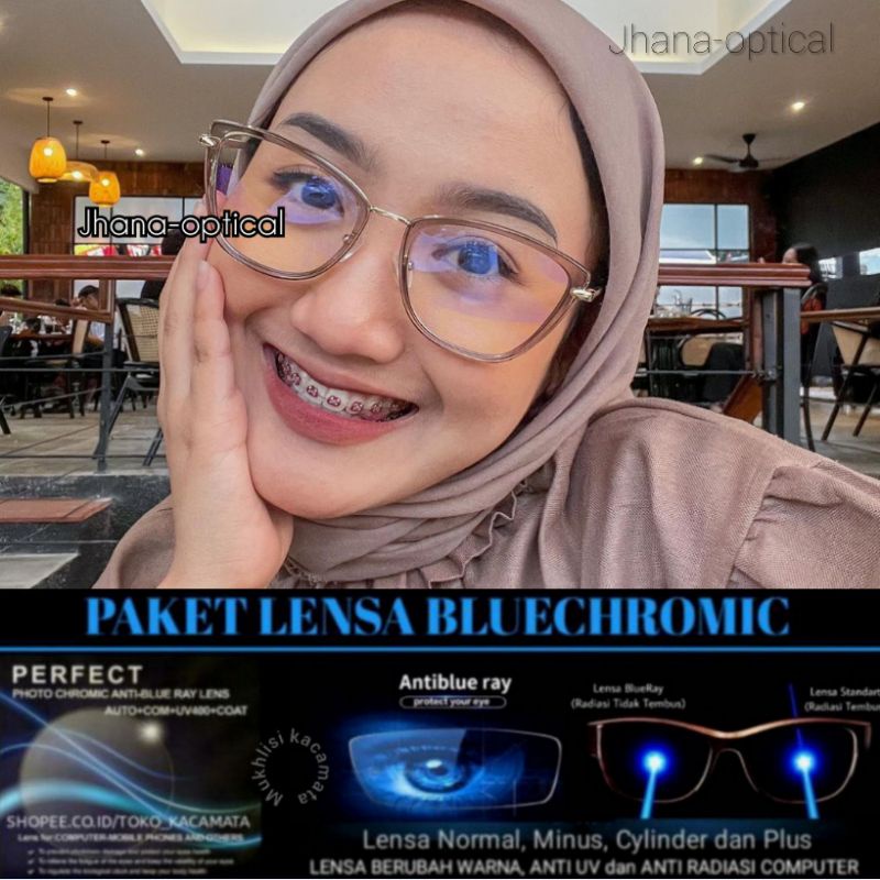 kacamata wanita anti radiasi (95290)frame paket lensa bluecromic