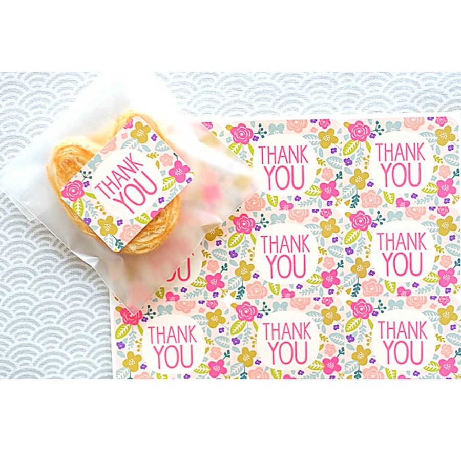 Paper Tags Sticker &quot;THANK YOU&quot; - Pink Flower Pattern (1sheet/9pcs)