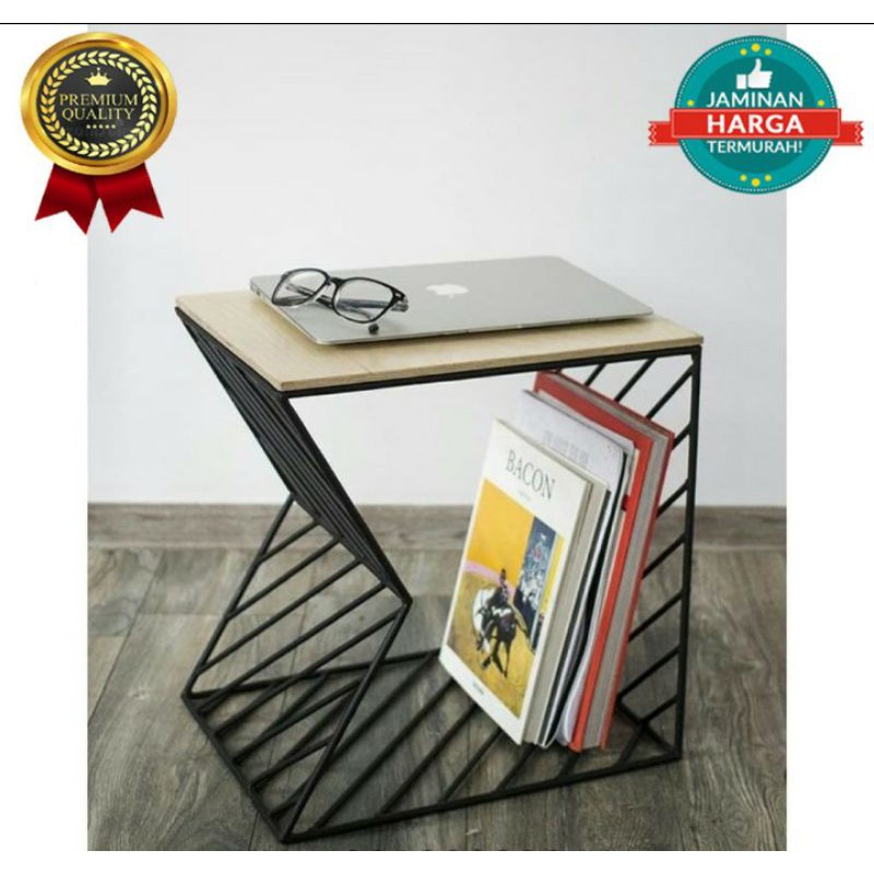 Meja Samping Ruang Tamu Rak Buku / Rak Majalah / Rak Koran Besi / Meja Sudut Besi Kombinasi Jati