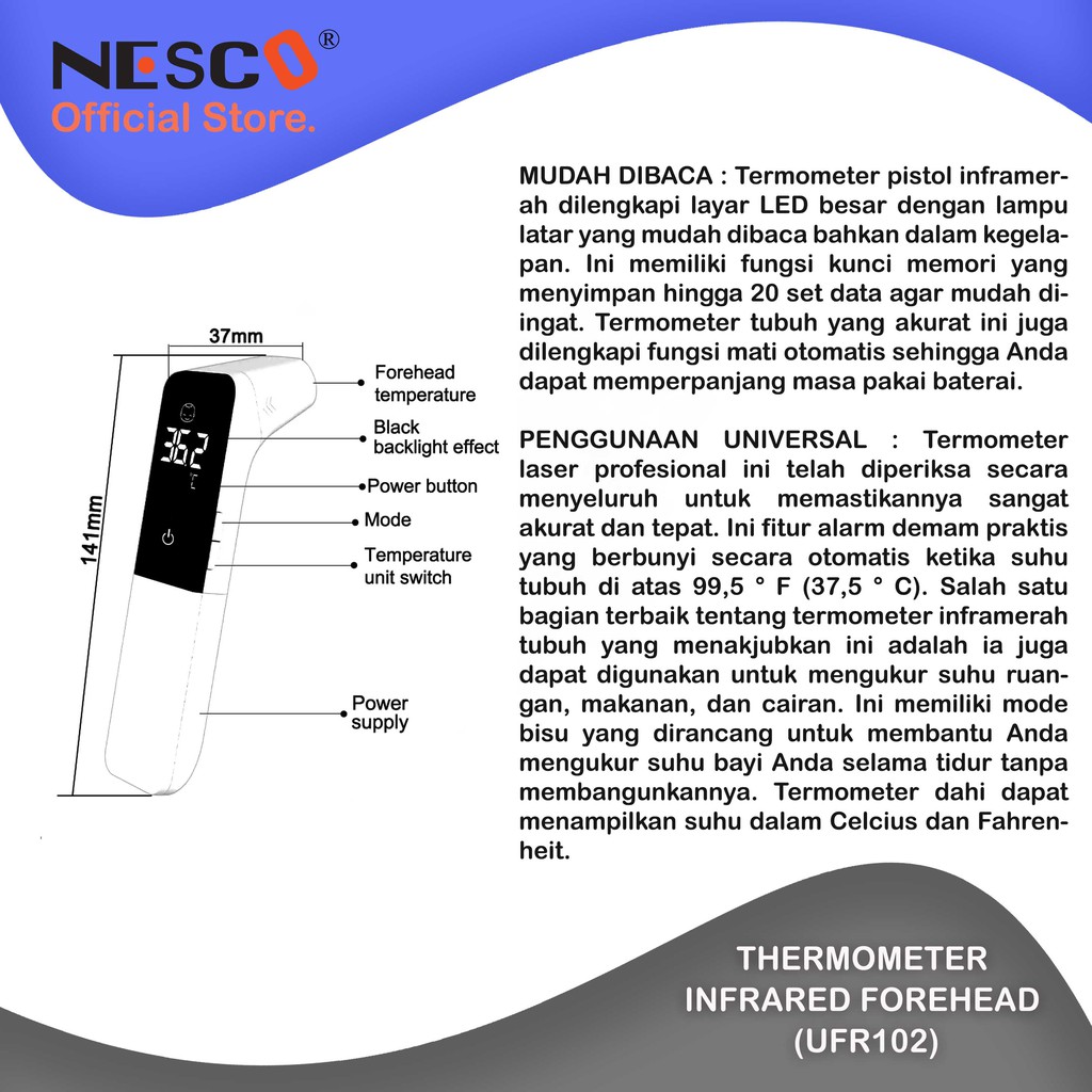 THERMOMETER INFRARED FOREHEAD (UFR102)BERFUNGSI UNTUK MENGUKUR SUHU TUBUH TANPA KONTAK DAN AKURAT