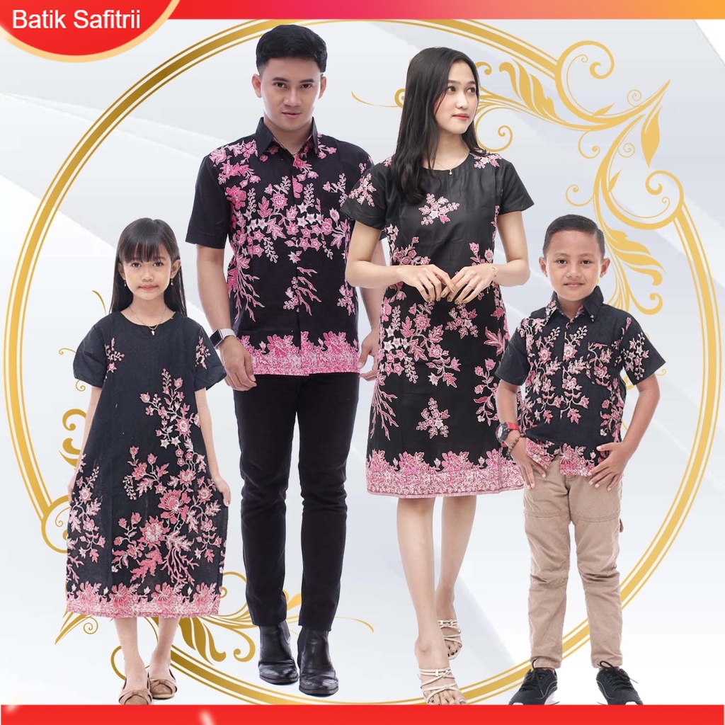Couple Keluarga - Batik Keluarga Natal - Ibu Bapak Anak - Motif Bunga Sakura Pink - Dress Tunik Blus