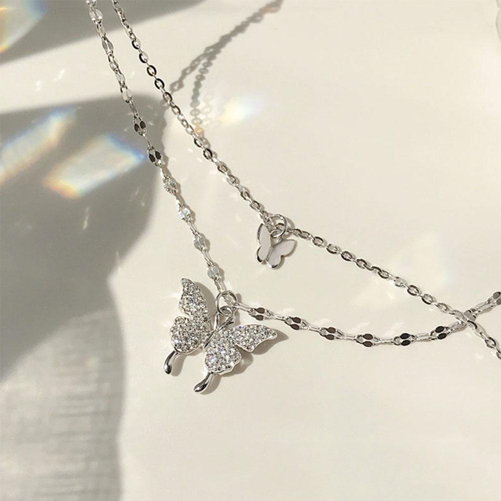 Agustina Kalung Kupu-Kupu Wanita Hadiah Shiny CZ Double Layer Butterfly Pendant Chocker