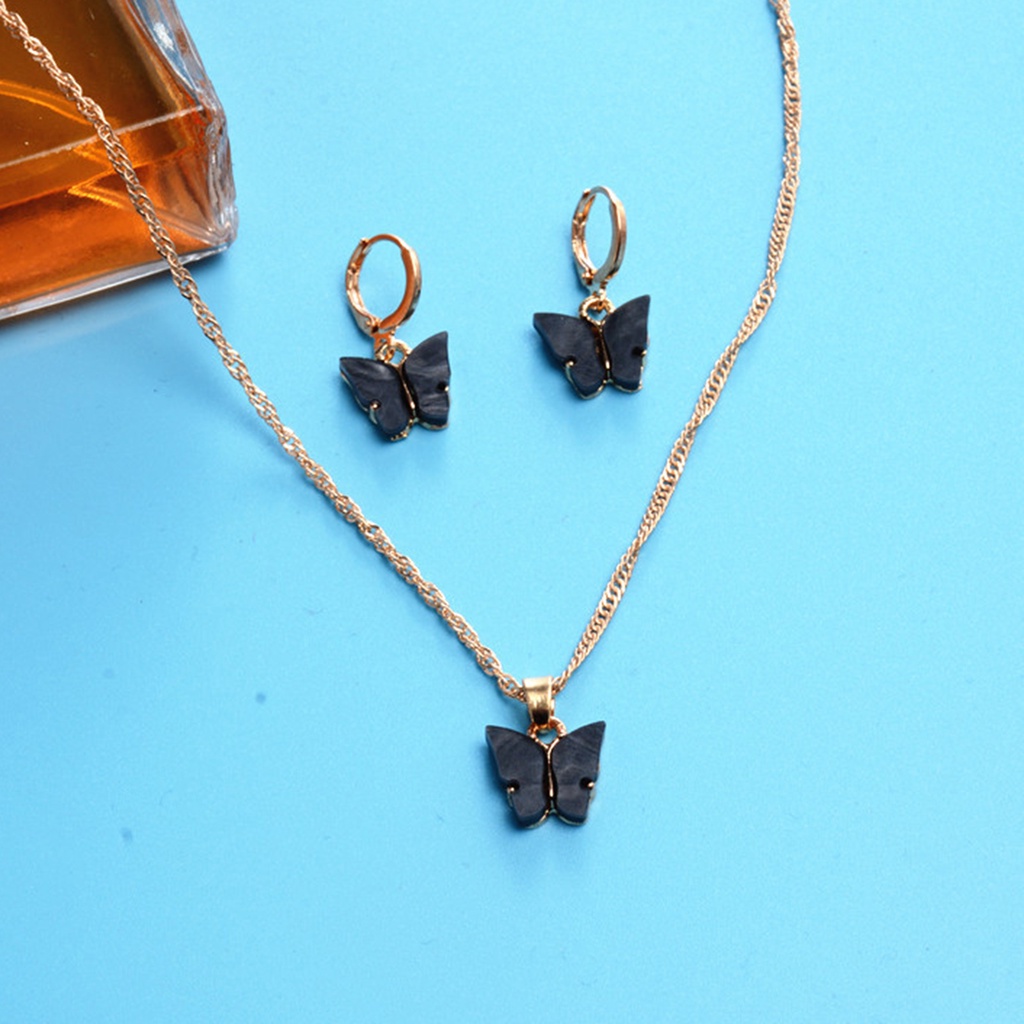 Hu Hu Hu Hu Hu Alat Bantu Pasang Kacamata♡ 2pcs / Set Anting Tusuk + Kalung Liontin Kupu-Kupu Bahan Alloy Untuk Wanita