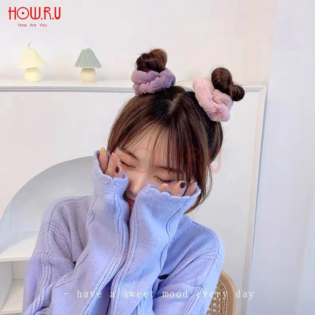 HOW.R.U | Scrunchie Bulu Fluffy Cepol Hijab / Ikat Rambut warna Pastel &amp; Rainbow