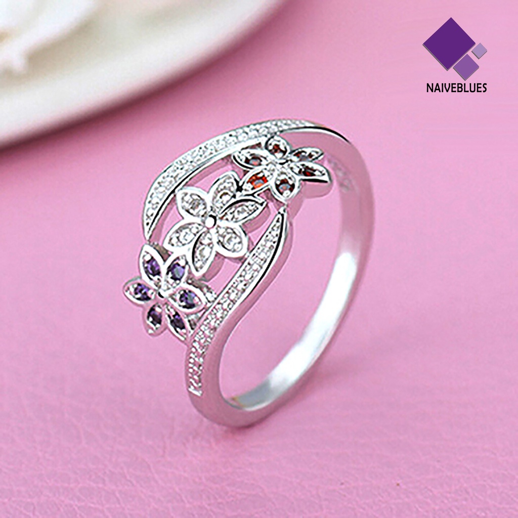 Cincin Lapis Silver Desain Bunga Aksen Zirconia Untuk Wanita