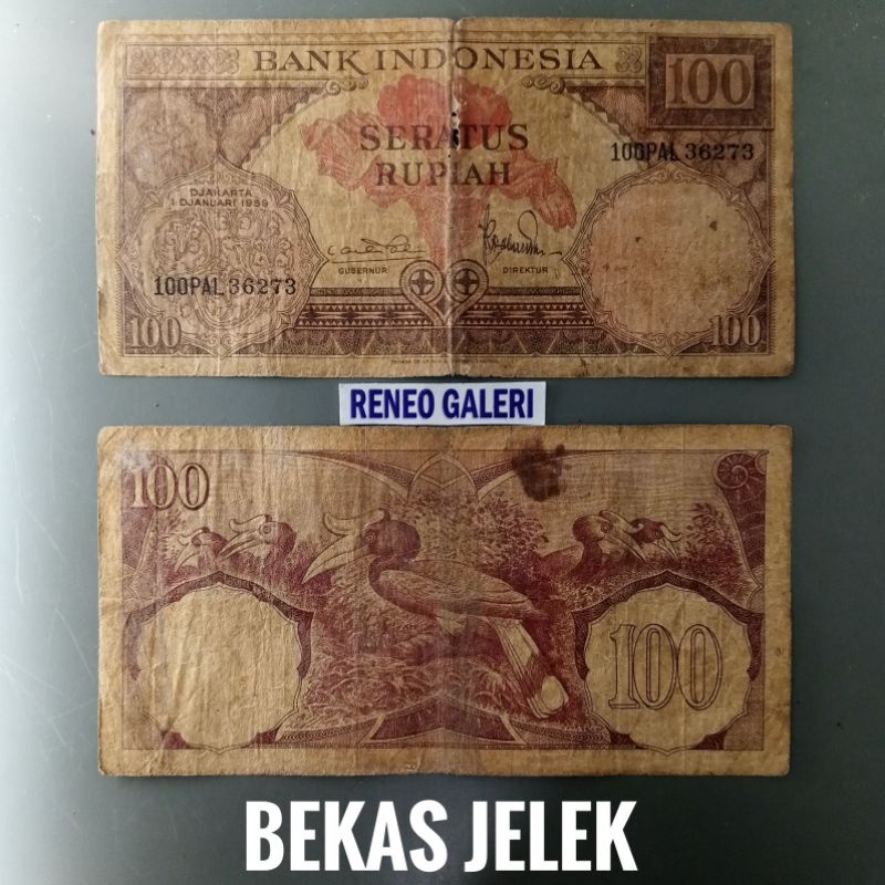 Jelek Asli Rp 100 Rupiah tahun 1959 seri Bunga burung uang kuno kertas duit jadul lawas lama Indonesia Original Burung