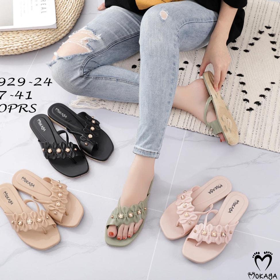 Kekinian.. Sandal Jepit Wanita Slip Jempol Pita Pernik Bunga Mewah Cantik Import Mokaya / Size 37-41