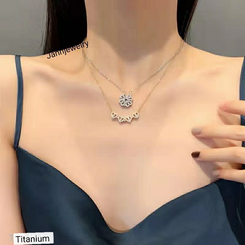 Kalung Titanium Anti Karat&amp;Alergi Permata Fashion Korea Love Clover