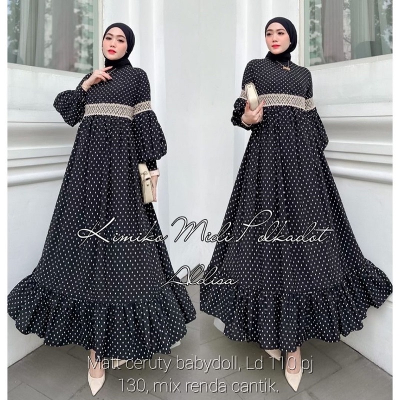 AB Kimiko midi dress polka / gamis midi kekinian / gamis ld110 xl-xxl / gamis ceruty mix renda polka